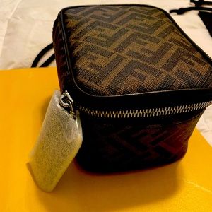 Authentic Fendi travel box (medium) FF fabric and calf leather.